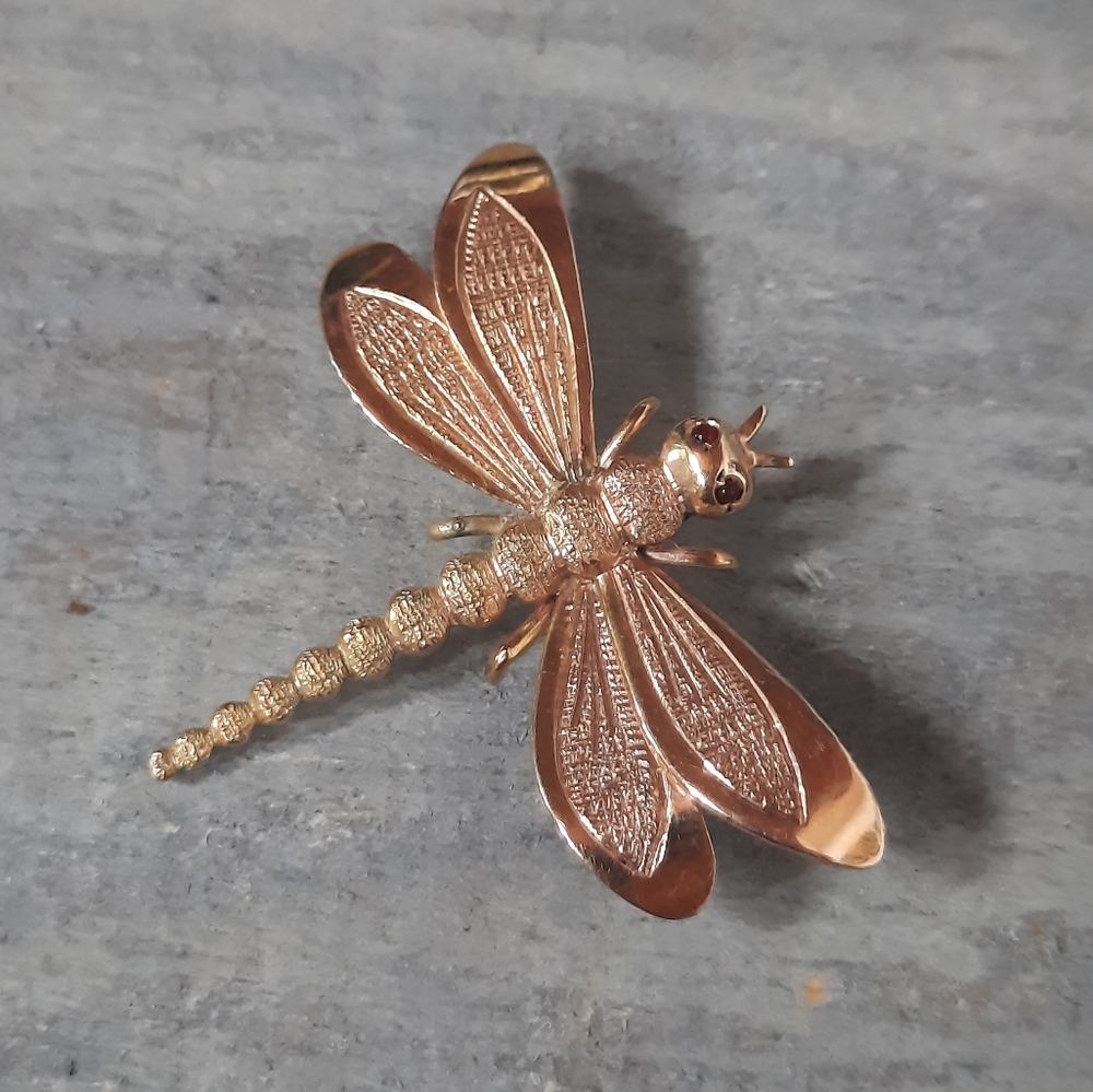 Vintage 18K Yellow Gold Ruby Custom Dragonfly Brooch Pin